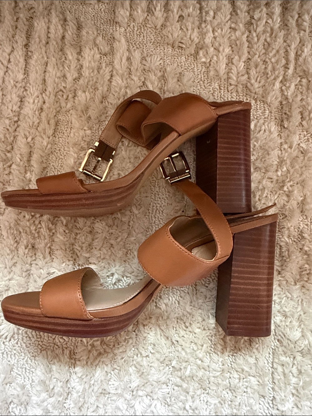 Vince Camuto Tan Leather Strappy Block Heel Sandals - Picture 2 of 4